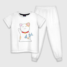Детская пижама хлопок с принтом Манэки-нэко в Курске, 100% хлопок |  брюки и футболка прямого кроя, без карманов, на брюках мягкая резинка на поясе и по низу штанин
 | Тематика изображения на принте: cat | maneki | maneki neko | neko | денежный кот | зовущая кошка | кот | кот счастья | кот удачи | котенок | котэ | кошка | манеки | манэки нэко | манящий кот | нэко | приглашающий кот | удача