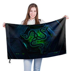 Флаг 3D с принтом RAZER в Курске, 100% полиэстер | плотность ткани — 95 г/м2, размер — 67 х 109 см. Принт наносится с одной стороны | game | razer | texture | зеленый | игровое лого | игромания | игры | рэйзер | текстуры