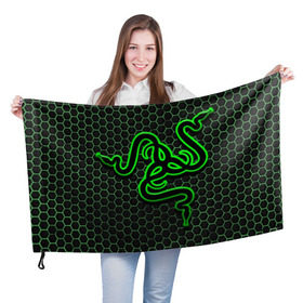 Флаг 3D с принтом RAZER в Курске, 100% полиэстер | плотность ткани — 95 г/м2, размер — 67 х 109 см. Принт наносится с одной стороны | game | razer | texture | зеленый | игровое лого | игромания | игры | рэйзер | текстуры