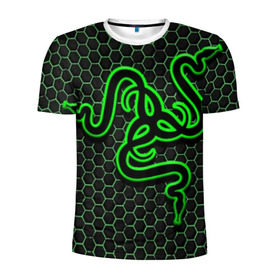 Мужская футболка 3D спортивная с принтом RAZER в Курске, 100% полиэстер с улучшенными характеристиками | приталенный силуэт, круглая горловина, широкие плечи, сужается к линии бедра | game | razer | texture | зеленый | игровое лого | игромания | игры | рэйзер | текстуры
