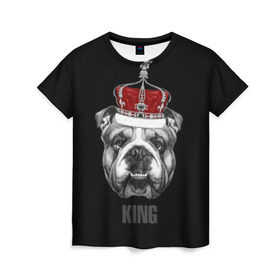 Женская футболка 3D с принтом Английский бульдог с короной в Курске, 100% полиэфир ( синтетическое хлопкоподобное полотно) | прямой крой, круглый вырез горловины, длина до линии бедер | animals | authority | breed | bulldog | cool | crown | dog | english | fighting | head | illustration | inscription | king | muzzle | supreme | swag | авторитет | английский | бойцовый | бульдог | верховный | голова | животные | иллюстрация | король | кор