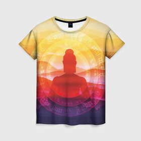 Женская футболка 3D с принтом Будда в Курске, 100% полиэфир ( синтетическое хлопкоподобное полотно) | прямой крой, круглый вырез горловины, длина до линии бедер | Тематика изображения на принте: buddha | calm | color | enlightenment | india | meditatio | mountains | nature | purple | red | religion | symbol | yellow | yoga | будда | горы | духовность | желтый | индия | йога | красный | медитация | природа | просветление | расслабление | религия |