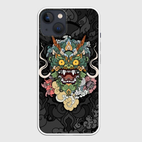 Чехол для iPhone 13 с принтом Дракон в Курске,  |  | character | dragon | east | eyes | fangs | horns | japan | japanese | legend | mask | mythological | pattern | yellow | восток | глаза | дракон | желтые | клыки | легенда | маска | мифологический | персонаж | рога | узор | япония | японский