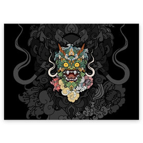 Поздравительная открытка с принтом Дракон в Курске, 100% бумага | плотность бумаги 280 г/м2, матовая, на обратной стороне линовка и место для марки
 | character | dragon | east | eyes | fangs | horns | japan | japanese | legend | mask | mythological | pattern | yellow | восток | глаза | дракон | желтые | клыки | легенда | маска | мифологический | персонаж | рога | узор | япония | японский