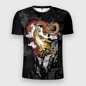 Мужская футболка 3D спортивная с принтом Тигр и дракон в Курске, 100% полиэстер с улучшенными характеристиками | приталенный силуэт, круглая горловина, широкие плечи, сужается к линии бедра | animals | clouds | country | dragon | east | fangs | japanese | mythical | nature | predator | rising | sun | tiger | восток | восходящего | дракон | животные | клыки | мифический | облака | природа | солнца | страна | тигр | хищник | японский
