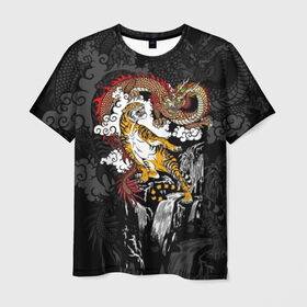 Мужская футболка 3D с принтом Тигр и дракон в Курске, 100% полиэфир | прямой крой, круглый вырез горловины, длина до линии бедер | animals | clouds | country | dragon | east | fangs | japanese | mythical | nature | predator | rising | sun | tiger | восток | восходящего | дракон | животные | клыки | мифический | облака | природа | солнца | страна | тигр | хищник | японский