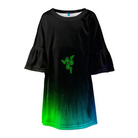 Детское платье 3D с принтом RAZER NEON в Курске, 100% полиэстер | прямой силуэт, чуть расширенный к низу. Круглая горловина, на рукавах — воланы | game | razer | texture | зеленый | игровое лого | игромания | игры | рэйзер | текстуры