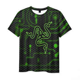 Мужская футболка 3D с принтом RAZER CARBON в Курске, 100% полиэфир | прямой крой, круглый вырез горловины, длина до линии бедер | Тематика изображения на принте: game | razer | texture | зеленый | игровое лого | игромания | игры | рэйзер | текстуры