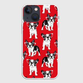 Чехол для iPhone 13 mini с принтом Французские бульдоги в Курске,  |  | animals | background | breed | bulldogs | dogs | french | illustration | painting | puppies | red | бульдоги | живопись | животные | иллюстрация | красный | очки | порода | собаки | фон | французские | щенки