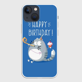 Чехол для iPhone 13 mini с принтом Happy birthday в Курске,  |  | berry | birthday | cake | cap | cat | cherry | gray | holds | holiday | inscription | party | sits | striped | sweetness | вечеринка | вишня | день рождения | держит | колпак | кот | надпись | пирожное | полосатый | праздник | серый | сидит | сладость | я