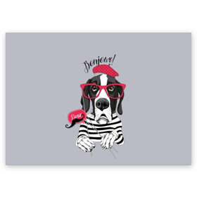 Поздравительная открытка с принтом Привет! в Курске, 100% бумага | плотность бумаги 280 г/м2, матовая, на обратной стороне линовка и место для марки
 | animal | beret | breed | dog | france | german | illustration | inscription | mustache | paris | vest | берет | дог | животное | иллюстрация | надпись | немецкий | очки | париж | порода | собака | тельняшка | усы | франция