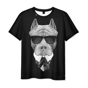 Мужская футболка 3D с принтом Питбуль в Курске, 100% полиэфир | прямой крой, круглый вырез горловины, длина до линии бедер | animals | black | black and white | cool | dog | fight | gentleman | head | illustration | pitbull | swag | white | авторитет | белая | бойцовый | галстук бабочка | голова | джентльмен | животные | иллюстрация | костюм | крутой | очки | 