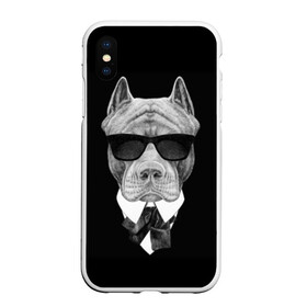Чехол для iPhone XS Max матовый с принтом Питбуль в Курске, Силикон | Область печати: задняя сторона чехла, без боковых панелей | animals | black | black and white | cool | dog | fight | gentleman | head | illustration | pitbull | swag | white | авторитет | белая | бойцовый | галстук бабочка | голова | джентльмен | животные | иллюстрация | костюм | крутой | очки | 