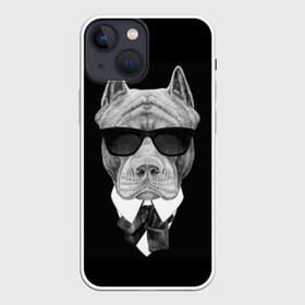 Чехол для iPhone 13 mini с принтом Питбуль в Курске,  |  | animals | black | black and white | cool | dog | fight | gentleman | head | illustration | pitbull | swag | white | авторитет | белая | бойцовый | галстук бабочка | голова | джентльмен | животные | иллюстрация | костюм | крутой | очки | 