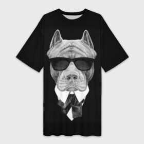 Платье-футболка 3D с принтом Питбуль в Курске,  |  | animals | black | black and white | cool | dog | fight | gentleman | head | illustration | pitbull | swag | white | авторитет | белая | бойцовый | галстук бабочка | голова | джентльмен | животные | иллюстрация | костюм | крутой | очки | 