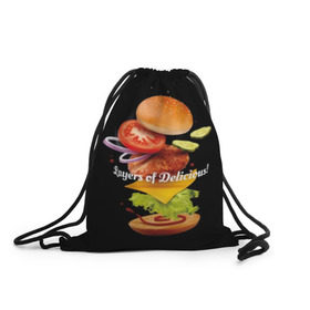 Рюкзак-мешок 3D с принтом Гамбургер в Курске, 100% полиэстер | плотность ткани — 200 г/м2, размер — 35 х 45 см; лямки — толстые шнурки, застежка на шнуровке, без карманов и подкладки | Тематика изображения на принте: bun | cheese | cucumber | explosion | hamburger | ingredients | inscription | ketchup | meat | onion | salad | sesame | share | tomato | tomatoes | булочка | взрыв | гамбургер | доля | ингредиенты | кетчуп | кунжут | лук | мясо | надпись | огурец | помидо