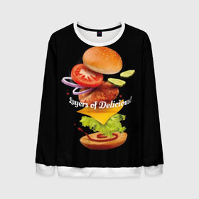 Мужской свитшот 3D с принтом Гамбургер в Курске, 100% полиэстер с мягким внутренним слоем | круглый вырез горловины, мягкая резинка на манжетах и поясе, свободная посадка по фигуре | Тематика изображения на принте: bun | cheese | cucumber | explosion | hamburger | ingredients | inscription | ketchup | meat | onion | salad | sesame | share | tomato | tomatoes | булочка | взрыв | гамбургер | доля | ингредиенты | кетчуп | кунжут | лук | мясо | надпись | огурец | помидо