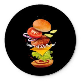 Коврик для мышки круглый с принтом Гамбургер в Курске, резина и полиэстер | круглая форма, изображение наносится на всю лицевую часть | Тематика изображения на принте: bun | cheese | cucumber | explosion | hamburger | ingredients | inscription | ketchup | meat | onion | salad | sesame | share | tomato | tomatoes | булочка | взрыв | гамбургер | доля | ингредиенты | кетчуп | кунжут | лук | мясо | надпись | огурец | помидо