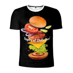 Мужская футболка 3D спортивная с принтом Гамбургер в Курске, 100% полиэстер с улучшенными характеристиками | приталенный силуэт, круглая горловина, широкие плечи, сужается к линии бедра | Тематика изображения на принте: bun | cheese | cucumber | explosion | hamburger | ingredients | inscription | ketchup | meat | onion | salad | sesame | share | tomato | tomatoes | булочка | взрыв | гамбургер | доля | ингредиенты | кетчуп | кунжут | лук | мясо | надпись | огурец | помидо