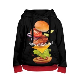 Детская толстовка 3D с принтом Гамбургер в Курске, 100% полиэстер | двухслойный капюшон со шнурком для регулировки, мягкие манжеты на рукавах и по низу толстовки, спереди карман-кенгуру с мягким внутренним слоем | bun | cheese | cucumber | explosion | hamburger | ingredients | inscription | ketchup | meat | onion | salad | sesame | share | tomato | tomatoes | булочка | взрыв | гамбургер | доля | ингредиенты | кетчуп | кунжут | лук | мясо | надпись | огурец | помидо