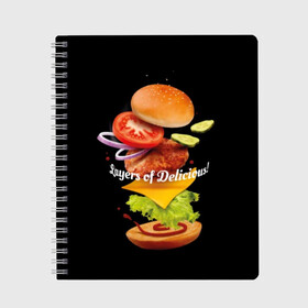 Тетрадь с принтом Гамбургер в Курске, 100% бумага | 48 листов, плотность листов — 60 г/м2, плотность картонной обложки — 250 г/м2. Листы скреплены сбоку удобной пружинной спиралью. Уголки страниц и обложки скругленные. Цвет линий — светло-серый
 | bun | cheese | cucumber | explosion | hamburger | ingredients | inscription | ketchup | meat | onion | salad | sesame | share | tomato | tomatoes | булочка | взрыв | гамбургер | доля | ингредиенты | кетчуп | кунжут | лук | мясо | надпись | огурец | помидо