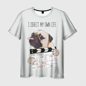 Мужская футболка 3D с принтом I direct my own life в Курске, 100% полиэфир | прямой крой, круглый вырез горловины, длина до линии бедер | animal | board | direct | dog | his | i | life | pug | slate | the inscription | грифельная | доска | животное | жизнь | мопс | надпись | направляю | свою | собака | я
