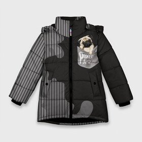 Зимняя куртка для девочек 3D с принтом Мопс в кармане в Курске, ткань верха — 100% полиэстер; подклад — 100% полиэстер, утеплитель — 100% полиэстер. | длина ниже бедра, удлиненная спинка, воротник стойка и отстегивающийся капюшон. Есть боковые карманы с листочкой на кнопках, утяжки по низу изделия и внутренний карман на молнии. 

Предусмотрены светоотражающий принт на спинке, радужный светоотражающий элемент на пуллере молнии и на резинке для утяжки. | Тематика изображения на принте: animal | breed | dog | funny | illustration | imprint | paw | pocket | pug | puppy | sits | small | trace | животное | иллюстрация | карман | лапа | маленький | мопс | отпечаток | порода | сидит | след | смешная | собака | щенок