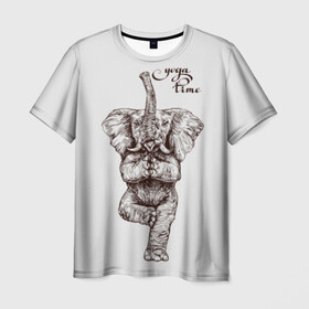 Мужская футболка 3D с принтом Yoga time в Курске, 100% полиэфир | прямой крой, круглый вырез горловины, длина до линии бедер | Тематика изображения на принте: animal | culture | elephant | graphics | india | indian | meditation | posture | stand | yoga | графика | животное | индийский | индия | йога | культура | медитация | слон | стойка