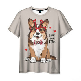 Мужская футболка 3D с принтом I need your love в Курске, 100% полиэфир | прямой крой, круглый вырез горловины, длина до линии бедер | Тематика изображения на принте: animal | bow tie | breed | corgi | cute | dog | funny | hearts | holiday | pembroke | polka dot | red | saint | valentine | валентина | вельш корги | галстук бабочка | горошек | день | животное | красный | любовь | милая | очки | пемброк | пород