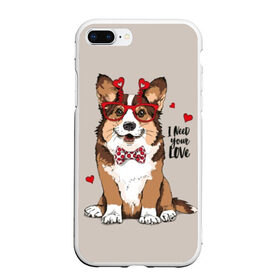 Чехол для iPhone 7Plus/8 Plus матовый с принтом I need your love в Курске, Силикон | Область печати: задняя сторона чехла, без боковых панелей | animal | bow tie | breed | corgi | cute | dog | funny | hearts | holiday | pembroke | polka dot | red | saint | valentine | валентина | вельш корги | галстук бабочка | горошек | день | животное | красный | любовь | милая | очки | пемброк | пород