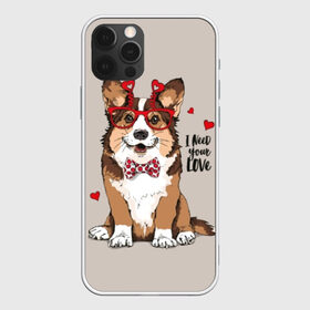 Чехол для iPhone 12 Pro Max с принтом I need your love в Курске, Силикон |  | Тематика изображения на принте: animal | bow tie | breed | corgi | cute | dog | funny | hearts | holiday | pembroke | polka dot | red | saint | valentine | валентина | вельш корги | галстук бабочка | горошек | день | животное | красный | любовь | милая | очки | пемброк | пород