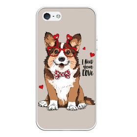 Чехол для iPhone 5/5S матовый с принтом I need your love в Курске, Силикон | Область печати: задняя сторона чехла, без боковых панелей | animal | bow tie | breed | corgi | cute | dog | funny | hearts | holiday | pembroke | polka dot | red | saint | valentine | валентина | вельш корги | галстук бабочка | горошек | день | животное | красный | любовь | милая | очки | пемброк | пород