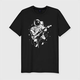 Мужская футболка премиум с принтом Cosmorock в Курске, 92% хлопок, 8% лайкра | приталенный силуэт, круглый вырез ворота, длина до линии бедра, короткий рукав | cosmonaut | cosmos | guitar | music | rock | space | spacesuit | star | гитара | звезда | космонавт | космос | музыка | скафандр