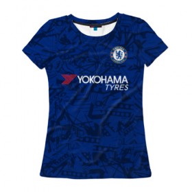 Женская футболка 3D с принтом Chelsea home 19-20 в Курске, 100% полиэфир ( синтетическое хлопкоподобное полотно) | прямой крой, круглый вырез горловины, длина до линии бедер | champions league | chelsea | england | hazard | kante | азар | англия | канте | лига чемпионов | челси