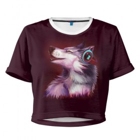Женская футболка Cropp-top с принтом Волк в Курске, 100% полиэстер | круглая горловина, длина футболки до линии талии, рукава с отворотами | волк | животные | игры | музыка | наушники | собака | хаски