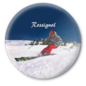 Значок с принтом Rossignol в Курске,  металл | круглая форма, металлическая застежка в виде булавки | france | movement | rossignol | snow | speed | вершина | горные лыжи | горы | движение | скорость | снег | франция