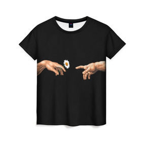 Женская футболка 3D с принтом Сотворение Адама в Курске, 100% полиэфир ( синтетическое хлопкоподобное полотно) | прямой крой, круглый вырез горловины, длина до линии бедер | палец к пальцу | ромашка | рука к руке | цветы