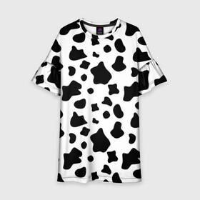Детское платье 3D с принтом Корова в Курске, 100% полиэстер | прямой силуэт, чуть расширенный к низу. Круглая горловина, на рукавах — воланы | Тематика изображения на принте: animal | black white | cow | pattern | животное | кавай | корова | паттерн | пятна | черно белое