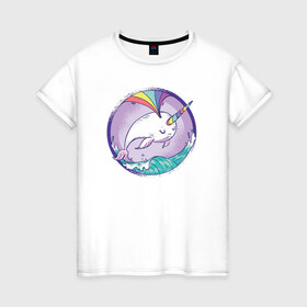 Женская футболка хлопок с принтом Нарвал в Курске, 100% хлопок | прямой крой, круглый вырез горловины, длина до линии бедер, слегка спущенное плечо | narwhal | единорог | летние | лето | море | нарвал | радуга | рыба | рыбы