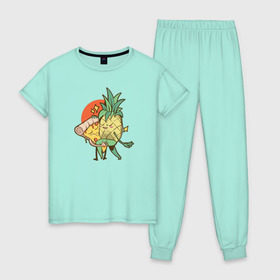 Женская пижама хлопок с принтом Пицца и Ананас в Курске, 100% хлопок | брюки и футболка прямого кроя, без карманов, на брюках мягкая резинка на поясе и по низу штанин | Тематика изображения на принте: 