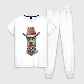Женская пижама хлопок с принтом Доберман в Курске, 100% хлопок | брюки и футболка прямого кроя, без карманов, на брюках мягкая резинка на поясе и по низу штанин | dobermann | dog | доберман | собака | собаки