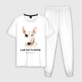 Мужская пижама хлопок с принтом Бультерьер в Курске, 100% хлопок | брюки и футболка прямого кроя, без карманов, на брюках мягкая резинка на поясе и по низу штанин
 | Тематика изображения на принте: bull terrier | dog | бультерьер | надпись надписи | собака | собаки