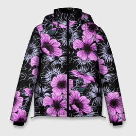 Мужская зимняя куртка 3D с принтом Purple wild flowers в Курске, верх — 100% полиэстер; подкладка — 100% полиэстер; утеплитель — 100% полиэстер | длина ниже бедра, свободный силуэт Оверсайз. Есть воротник-стойка, отстегивающийся капюшон и ветрозащитная планка. 

Боковые карманы с листочкой на кнопках и внутренний карман на молнии. | art | flowers | leaves | арт | букет | лепестки | листья | художество | цветок | цветы