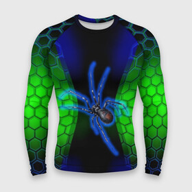 Мужской рашгард 3D с принтом Паук на ночной охоте в Курске,  |  | зеленая броня | зеленый неон | классный дизайн | ночь | паук | паук дизайн | паук на охоте | паук охотник | пчелиные | соты | темная футболка | футболка с пауком | черные соты
