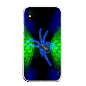 Чехол для iPhone XS Max матовый с принтом Паук на ночной охоте в Курске, Силикон | Область печати: задняя сторона чехла, без боковых панелей | Тематика изображения на принте: зеленая броня | зеленый неон | классный дизайн | ночь | паук | паук дизайн | паук на охоте | паук охотник | пчелиные | соты | темная футболка | футболка с пауком | черные соты