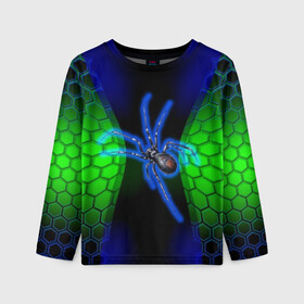 Детский лонгслив 3D с принтом Паук на ночной охоте в Курске, 100% полиэстер | длинные рукава, круглый вырез горловины, полуприлегающий силуэт
 | зеленая броня | зеленый неон | классный дизайн | ночь | паук | паук дизайн | паук на охоте | паук охотник | пчелиные | соты | темная футболка | футболка с пауком | черные соты