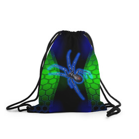 Рюкзак-мешок 3D с принтом Паук на ночной охоте в Курске, 100% полиэстер | плотность ткани — 200 г/м2, размер — 35 х 45 см; лямки — толстые шнурки, застежка на шнуровке, без карманов и подкладки | Тематика изображения на принте: зеленая броня | зеленый неон | классный дизайн | ночь | паук | паук дизайн | паук на охоте | паук охотник | пчелиные | соты | темная футболка | футболка с пауком | черные соты