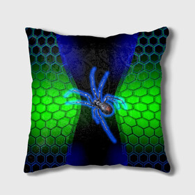 Подушка 3D с принтом Паук на ночной охоте в Курске, наволочка – 100% полиэстер, наполнитель – холлофайбер (легкий наполнитель, не вызывает аллергию). | состоит из подушки и наволочки. Наволочка на молнии, легко снимается для стирки | зеленая броня | зеленый неон | классный дизайн | ночь | паук | паук дизайн | паук на охоте | паук охотник | пчелиные | соты | темная футболка | футболка с пауком | черные соты
