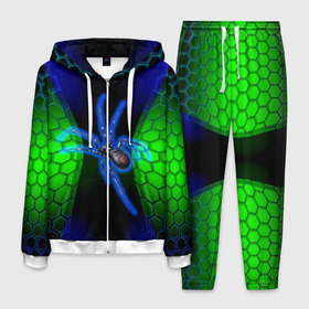 Мужской костюм 3D с принтом Паук на ночной охоте в Курске, 100% полиэстер | Манжеты и пояс оформлены тканевой резинкой, двухслойный капюшон со шнурком для регулировки, карманы спереди | зеленая броня | зеленый неон | классный дизайн | ночь | паук | паук дизайн | паук на охоте | паук охотник | пчелиные | соты | темная футболка | футболка с пауком | черные соты
