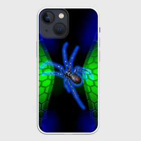 Чехол для iPhone 13 mini с принтом Паук на ночной охоте в Курске,  |  | зеленая броня | зеленый неон | классный дизайн | ночь | паук | паук дизайн | паук на охоте | паук охотник | пчелиные | соты | темная футболка | футболка с пауком | черные соты